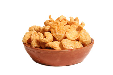 Bowl of Fried Pork Skins Isolated on White Background