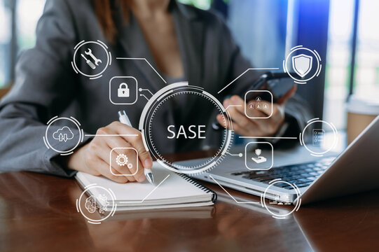 SASE Secure Access Service Edge concept Hand touching Secure Access Service Edge icon on virtual screen background, password, network, framework and support technology in office.