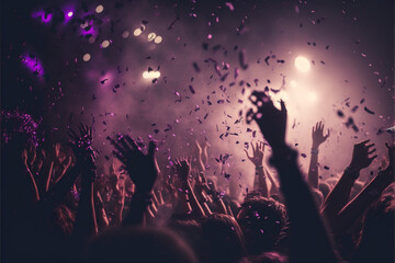Fototapeta na wymiar Close up photo of many party people dancing purple light.. Generative Ai