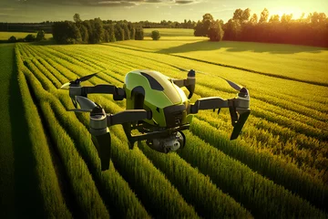 Fototapete Drone flies in the sky over rice and wheat fields, technology in the agricultural business, automatic crop management, green technology of the future Generative AI © VICHIZH