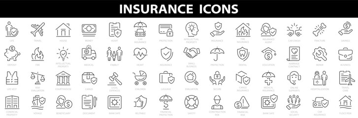 Insurance icon set.Insurance and assurance icon set. Outline icons collection. Vehicle, health insurance, beneficiary, repair, coffin, glasses and more. Simple vector illustration.