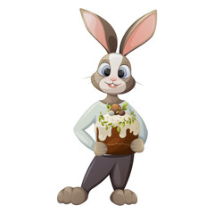 Obraz premium Funny bunny holding Easter cake in paws, decorated with white icing and leaves. Vector illustration for the spring holiday. Forest animals. Isolated background.