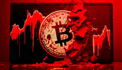 Bitcoin price crash in front of a red abstract virtual background. Generative AI