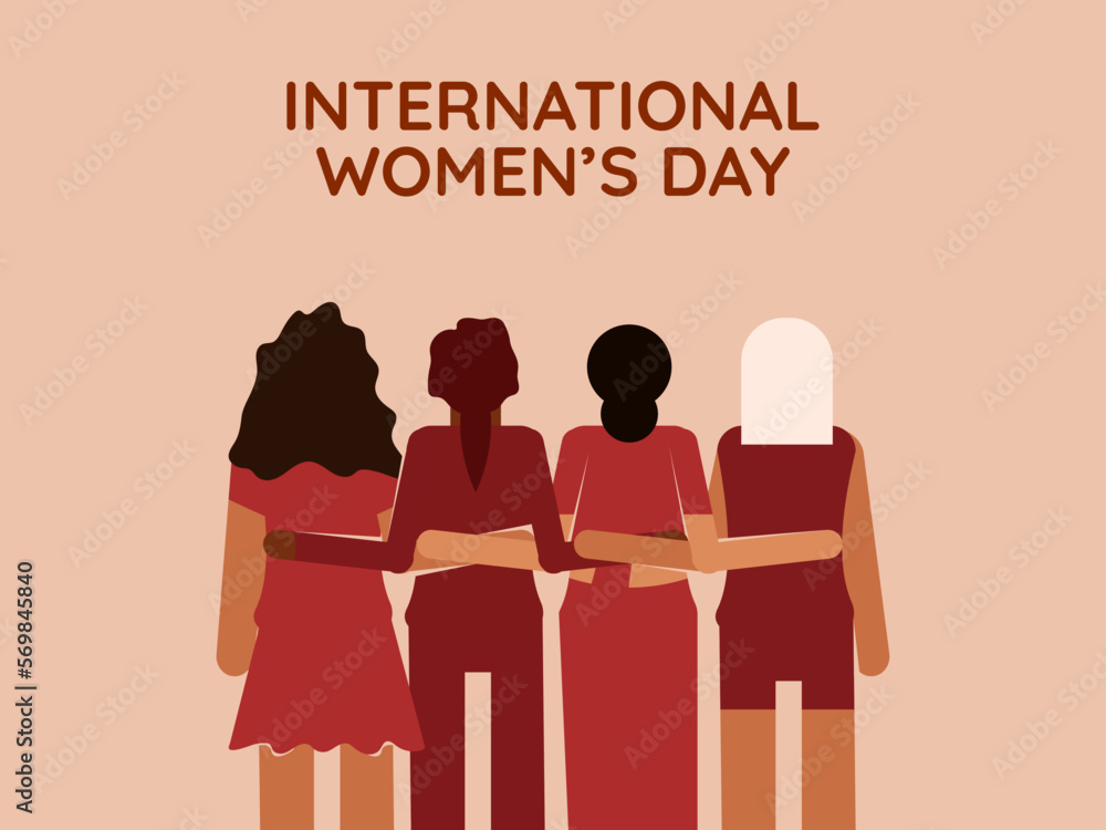 Wall mural International Women's day March 8. equality day celebration illustration of four women with different color and ethnicity.