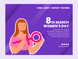 Women's Day landing page design concept. Illustration of a women with female symbol on her hands vector illustration.