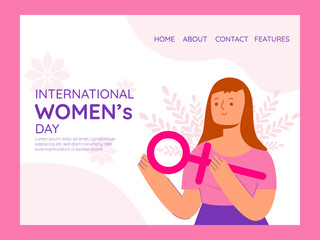 International Women's day 8 March. Vector illustration of women and female symbol.