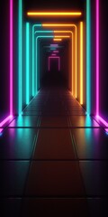 Illustration. contemporary neon colored lights surround a dark concrete surface that has been illuminated. Stadium or computer generated background image. a template on which you can add content