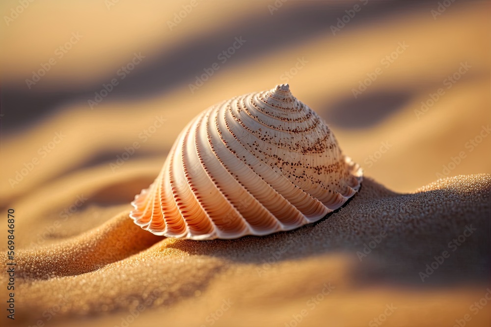 Poster a seashell in close-up on a sandy beach against a hazy background. Generative AI
