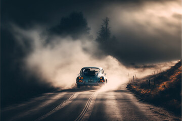 Obraz na płótnie Canvas Classic car drive into abandoned road. Generative Ai
