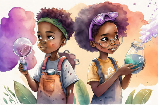 watercolor painting of poc kids doing scientific experiments created with generative ai
