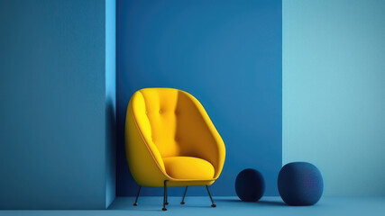 Minimal concept. interior of living yellow fabric armchair, flower vase and empty picture frame, isolated on turqouise floor and blue wall. Generative ai