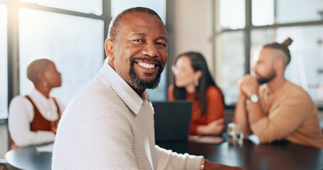 Happy black man, portrait and business meeting with office teamwork, management and workflow...
