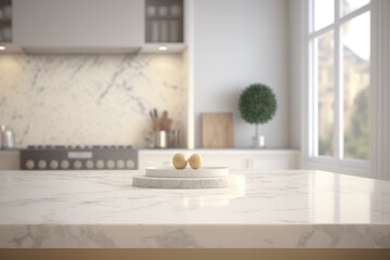 Empty marble table top, against a blurred minimalist kitchen background, Generative AI