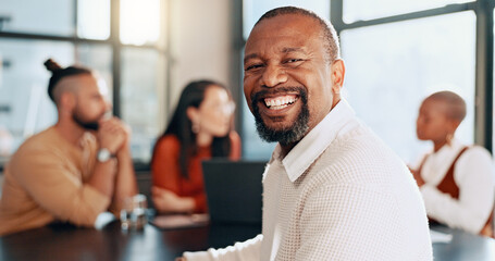 Happy black man, portrait and business meeting with office teamwork, management and workflow...