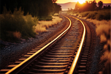 Fototapeta na wymiar closeup Railway track in the evening in sunset.Generative Ai