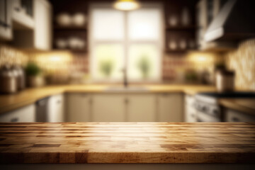 Empty wooden table top in focus, against a blurred kitchen background, Generative AI