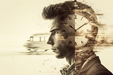 Illustration of a young man, double exposure with a clock. Time travel or time related concept. Fictional character. Created with Generative AI technology.