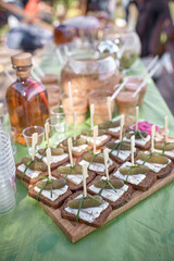 Traditional Ukrainian sandwiches with pork lard and pickles. Catering, banquet concept