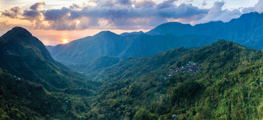 Mountain panorama at sunrise in East Bali in Indonesia