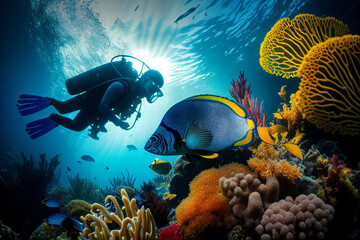 A diver swims underwater surrounded by exotic fish and corals. AI generated.