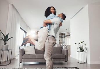 Love, man pick up woman and in living room for happiness, loving and celebration for relationship....