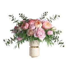 bouquet of roses in a vase on transparent background PNG file