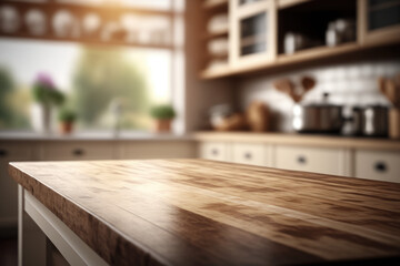 Empty wooden table top, against blurred kitchen interior background, close up photography Generative AI