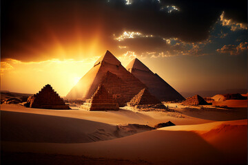 Sunset over the Pyramids of Giza. AI generated.