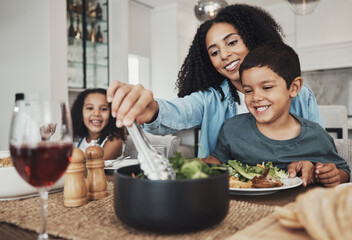 Fototapeta na wymiar Mother, kids and eating food in home together for lunch, dinner table and healthy meal. Happy family, mom and children smile for dining in house with love, care and happiness of delicious supper