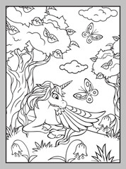 Cute unicorn with a butterfly on a summer lawn. Coloring page.