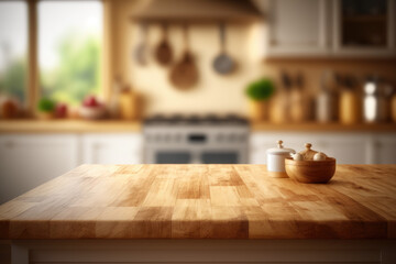 Empty wooden table top, against blurred kitchen interior background, close up photography Generative AI