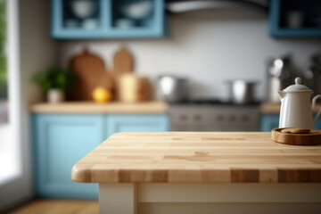 Focused empty wooden table top, against a blurred kitchen background, in a beige and blue color scheme Generative AI