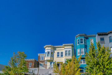 Fototapeta na wymiar Colorful homes with trees and blue sky views in San Francisco California. Residential landscape with lovely houses featuring bay windows, flat roof tops and vibrant walls.