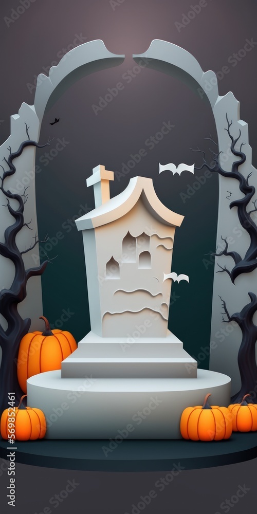 Poster for a product display, a halloween background with an empty white podium is used. generative ai