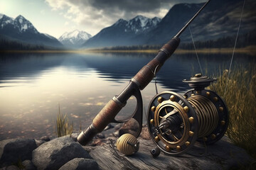 fishing rod on the background of the lake, fishing tackle. Generative AI