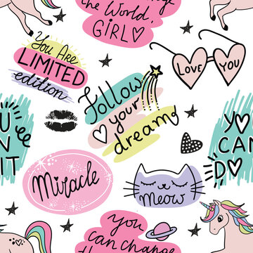 Girls seamless pattern with calligraphic slogan, hearts, words  . background for texylie, graphic tees, kids wear. Wallpaper for teenager girls. Fashion style