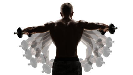 Dumbbell Lateral Raise workout concept transparent PNG photo. Bodybuilder turning back raising hands pumping up shoulders muscle exercise with dumbbells