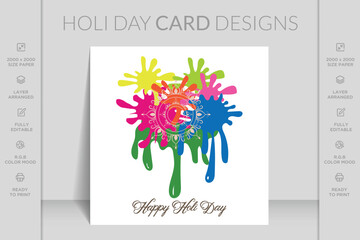 Happy Holi day greeting card colorful background. Concept of Happy Holi festival. Happy Holi typography. Happy Holi vector illustration flat design.
