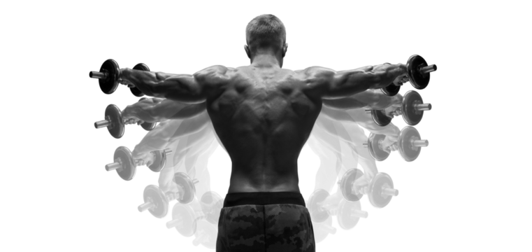 Multi-expose black and white shot Dumbbell Lateral Raise workout Bodybuilder raising hands pumping up shoulders muscle. Power Partials routine with dumbbells. Fitness Sport Lifestyle concept