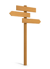 Wooden post with signboard on the top and two direction indicators isolated on empty background. 3D Rendering