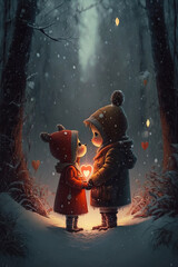 Fototapeta na wymiar Fantastic creatures, Anthropomorphic animals and Adorable beings celebrating love, tenderness and affection in a magical snowy forest. Valentine's day concept