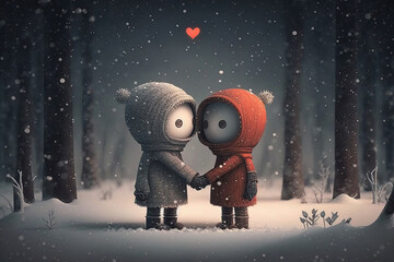 Fantastic creatures, Anthropomorphic animals and Adorable beings celebrating love, tenderness and affection in a magical snowy forest. Valentine's day concept