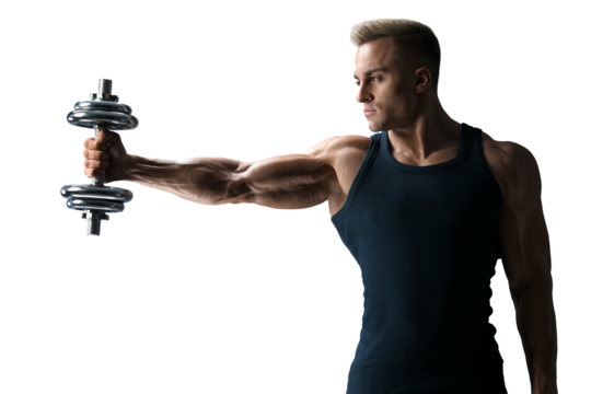 Confident handsome muscular athletic man in training pumping up muscles holding dumbbell stretching out his hand.  - Powered by Adobe