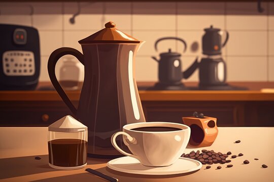 Fresh coffee in a cup on a kitchen counter with a blurry background. Close up of a mug, a freshly brewed pot, and a pile of coffee beans. Coffee beans are present in the coffee cup. Generative AI