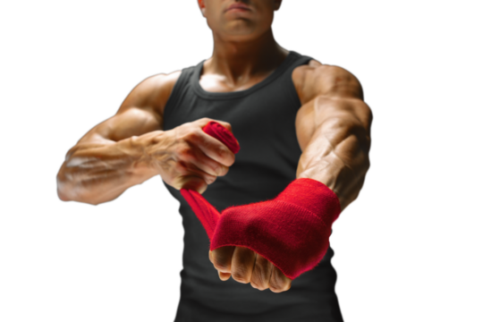 Man tying hand wrap on hand. Man wrapping hands with red boxing wraps. Strong hands and fist, ready for training and active exercise