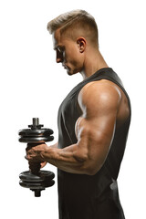 Fitness man bodybuilder training pumping up bicep muscles with dumbbell. Strong bodybuilder with...