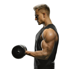 Fototapeta na wymiar Handsome power athletic man in training pumping up muscles with dumbbell. Strong bodybuilder with perfect deltoid muscles, shoulders, biceps, triceps and chest. Close-up of a power fitness man.