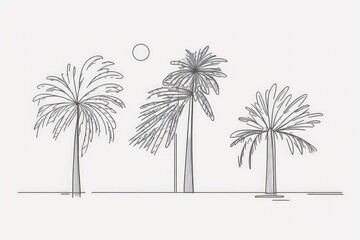 High southern palms are drawn in one continuous line. One isolated, minimalist illustration cartoon character flat, created by one . Generative AI