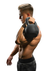 Man profile. Body Kettlebell Workout. Young bodybuilder holding a kettle bell. Strong fitness male exercising with kettlebell transparent PNG