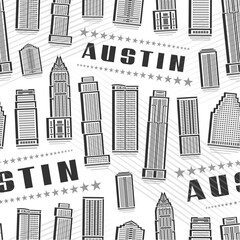Fototapeta premium Vector Austin Seamless Pattern, square repeat background with illustration of famous austin city scape on white background for wrapping paper, monochrome line art urban poster with black text austin